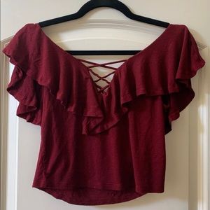 Burgundy off-shoulder crop top